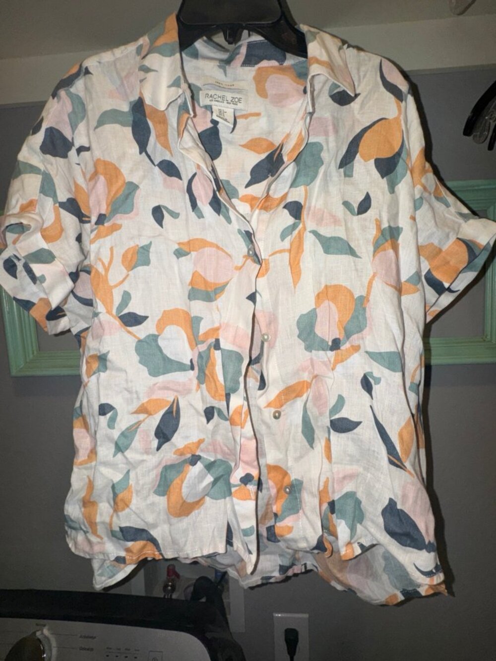 Rachel Zoe 100% Linen Abstract Floral Button Front Blouse